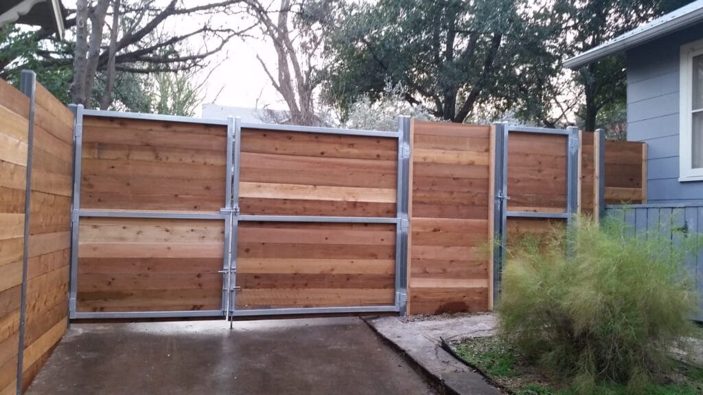 cedar horizontal style fence with steel frame gates