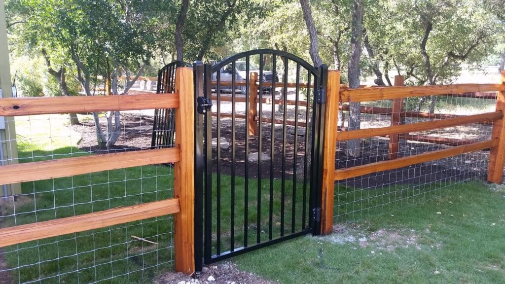 Split Cedar Rail Fence w/ custom ornamental steel gate