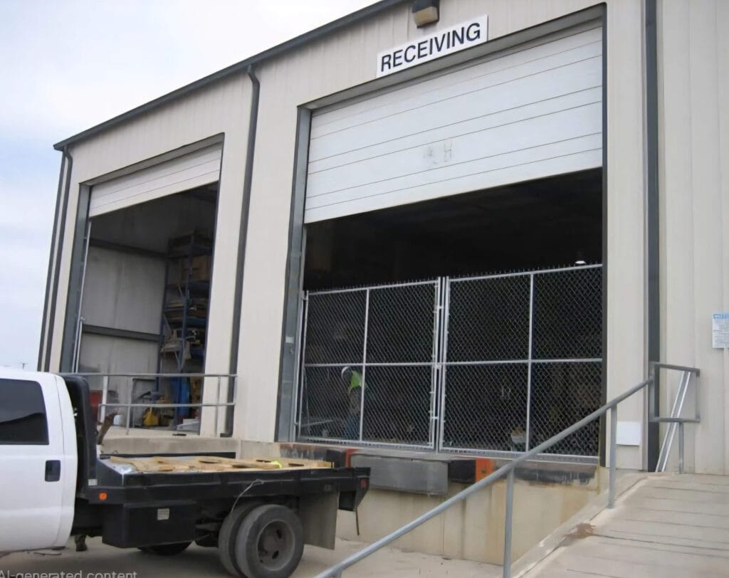 Warehouse chain link enclosure with secure double gates protecting high-traffic loading zone.